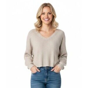 Lulus Sweater Beige Forecast Ribbed V Neck Cropped Long Sleeve Top Womens Medium